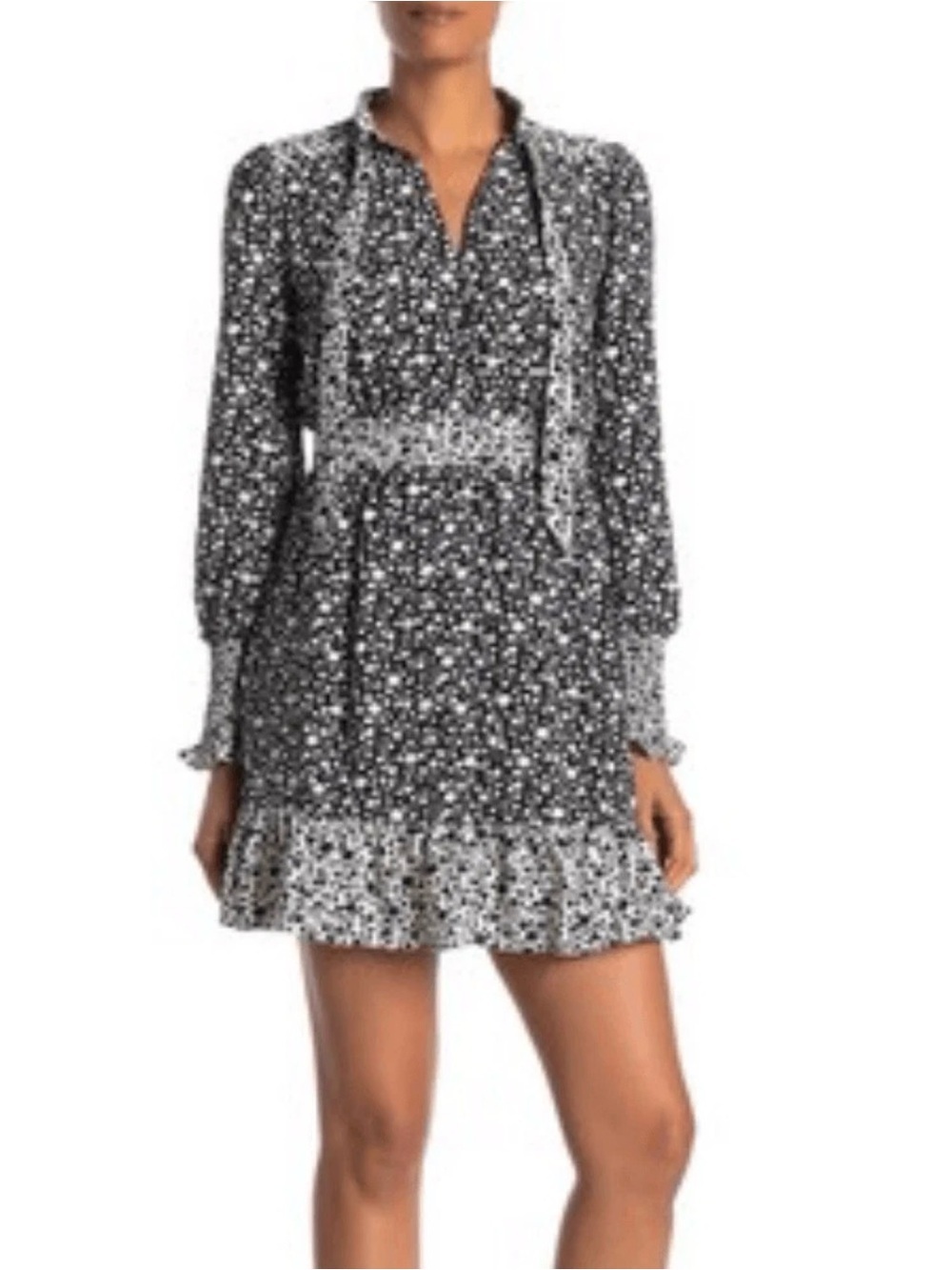 Melloday Black and White Floral Print Mini Dress Tie-Neck Ruffled Hem Sz M - Picture 2 of 8